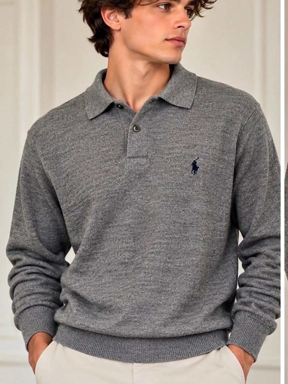 Polo Ralph Lauren Merino Wool Polo Sweater Men L Gray Italian Yarn Pony